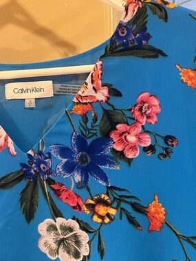 Calvin Klein Blue Floral V-Neck Sheer Sleeves Blouse